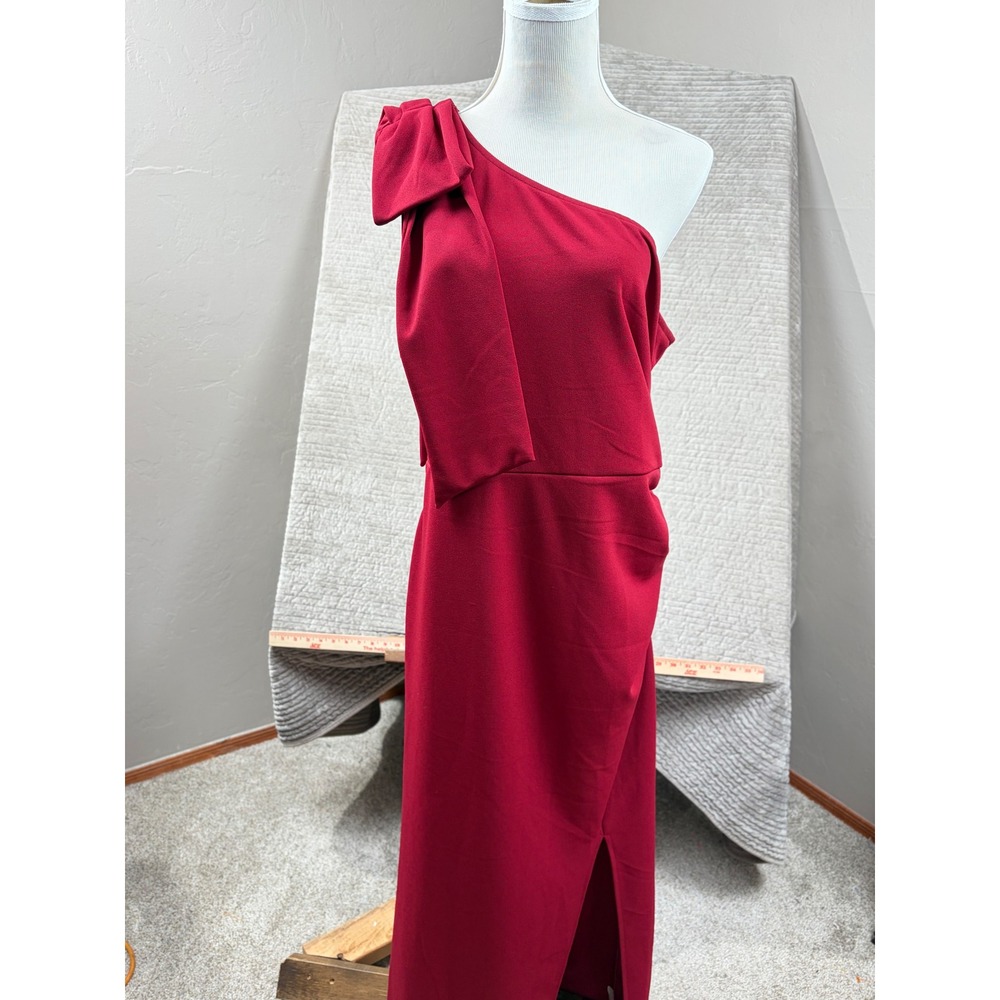 PrettyGarden Womens One Shoulder Bow Maxi Dress Wine Red Ruched Slit Gown XL NEW